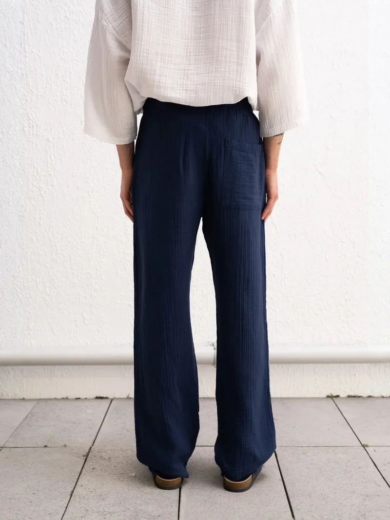 Giesto Navy Blue GIESTO Textured Cotton Relaxed Fit Drawstring Waist Pants for Men | Best Price UAE